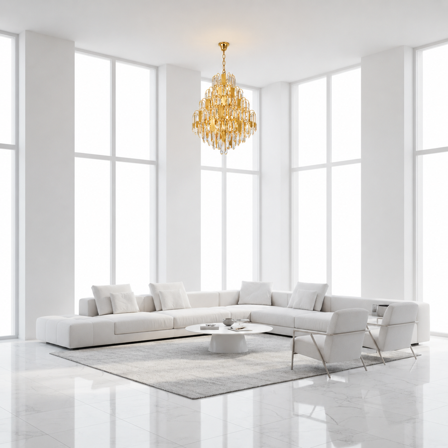 Candelabru Cristal TIER Magno 13xE14, D60 cm, Auriu, Inaltime Reglabila, Metal si Cristal