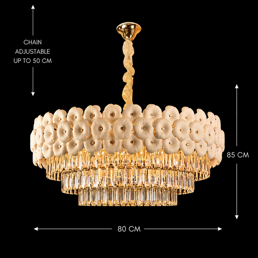 Candelabru Cristal PETAL Regalis 15xE14, D80 cm, Auriu, Inaltime Reglabila, Metal si Cristal