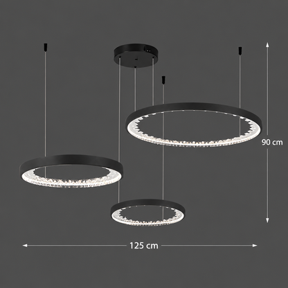 Lampadario LED a Sospensione con telecomando, Cristalli K9, 80W, 3 Cerchi, Luce Fredda/Calda/Neutra, Dimmerabile, Nero, Regolabile in Altezza