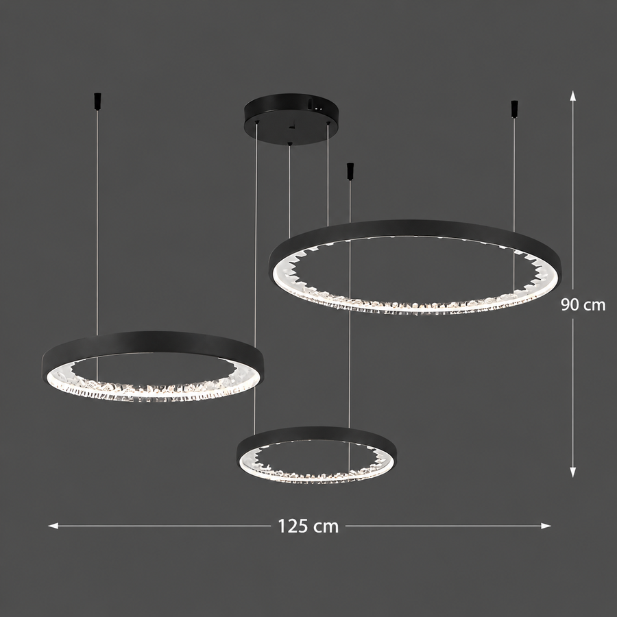 Lampadario LED a Sospensione con telecomando, Cristalli K9, 80W, 3 Cerchi, Luce Fredda/Calda/Neutra, Dimmerabile, Nero, Regolabile in Altezza
