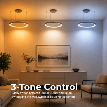 Lampadario LED a Sospensione con telecomando, Cristalli K9, 80W, 3 Cerchi, Luce Fredda/Calda/Neutra, Dimmerabile, Nero, Regolabile in Altezza