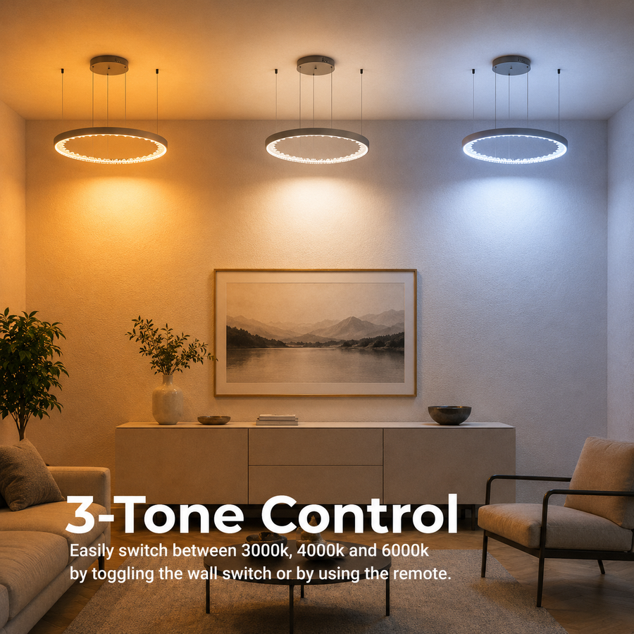 Lampadario LED a Sospensione con telecomando, Cristalli K9, 80W, 3 Cerchi, Luce Fredda/Calda/Neutra, Dimmerabile, Nero, Regolabile in Altezza