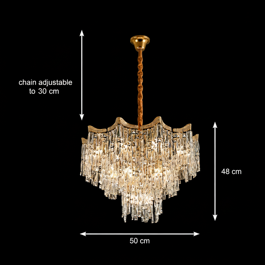 Candelabru Cristal VETRA Eleganza 9xE14, D50 cm, Auriu, Inaltime Reglabila, Metal si Cristal