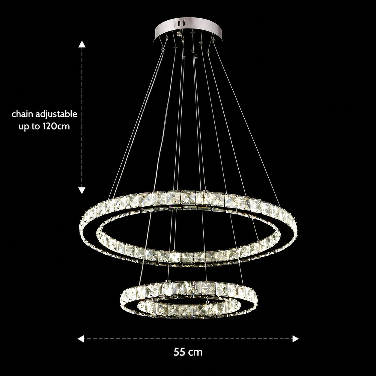 Lampadario LED con telecomando e cristallo PRISM LUMINIS 58W, 2 Cerchi, Luce Fredda/Calda/Neutra, Dimmerabile, Cromo e Bianco, Altezza Regolabile Lampadari LED con Telecomando Titolo predefinito Alessandro Design