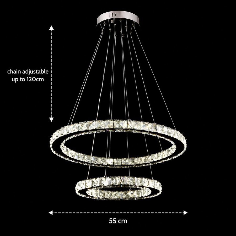 Lampadario LED con telecomando e cristallo PRISM LUMINIS 58W, 2 Cerchi, Luce Fredda/Calda/Neutra, Dimmerabile, Cromo e Bianco, Altezza Regolabile Lampadari LED con Telecomando Titolo predefinito Alessandro Design