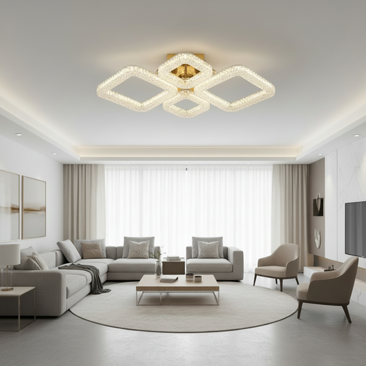Lustra LED RENATO Eleganza cu telecomanda si cristal, 73W, 4 Patrate, Lumina Rece/Calda/Neutra, Dimabila, Auriu