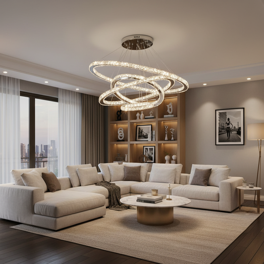 Lampadario LED con telecomando PRISM Luminis, cristallo e metallo, 210W, 4 cerchi, dimmerabile, luce fredda/calda/neutra, illuminazione di lusso