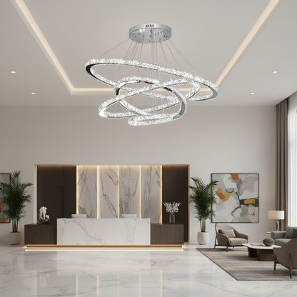 Lustra LED cu Telecomanda PRISM Luminis, Cristal si Metal, 210W, 4 Cercuri, Dimabila, Lumina Rece/Calda/Neutra, Iluminat Luxos