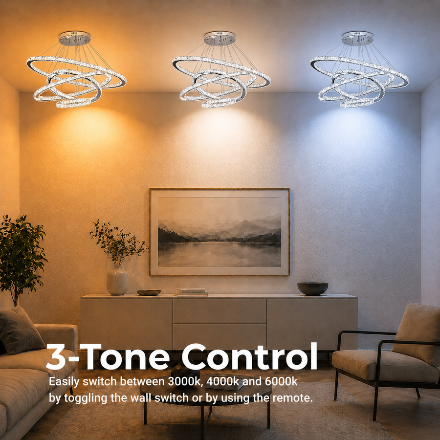 Lustra LED cu Telecomanda PRISM Luminis, Cristal si Metal, 210W, 4 Cercuri, Dimabila, Lumina Rece/Calda/Neutra, Iluminat Luxos