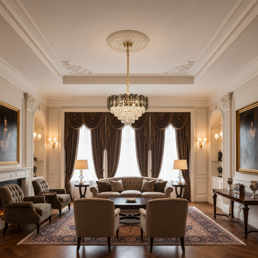 Candelabru Cristal AURUM Eleganza 9xE14, Diametru 50cm, Inaltime 35cm, Auriu Lucios, Inaltime Reglabila, Design Elegant