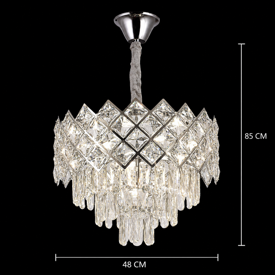 Candelabru Cristal VECTORIA Eleganza 8xE14, Diametru 48cm, Crom Lucios, Inaltime Reglabila, Metal si Cristal