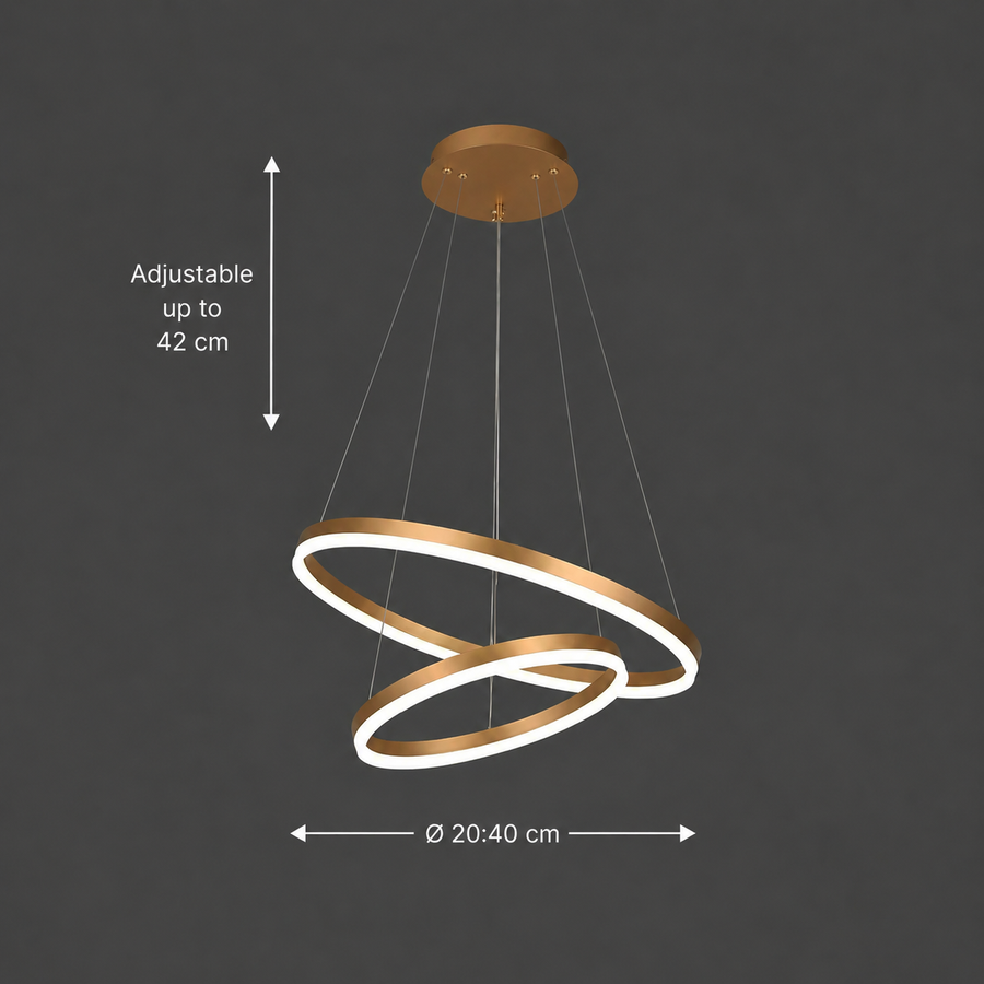 Lampadario LED a Sospensione con telecomando CHRISTINE, 41W, 2 Cerchi, Luce Fredda/Calda/Neutra, Dimmerabile, Oro Lucido, Lampadari LED con Telecomando ad Altezza Regolabile Titolo predefinito Alessandro Design
