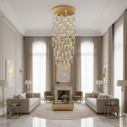 Candelabru Cristal LAGOM LED cu Telecomanda, Suspendat, 51 Surse, 153W, Lumina Calda/Neutra/Rece, Diametru 100cm, Inaltime Reglabila, Auriu, Metal si Cristal