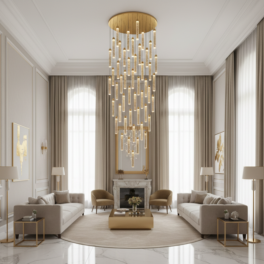 Lampadario LED a Sospensione in Cristallo, Giustiniano, Diametro 60cm, Altezza Regolabile, Oro, Metallo e Cristallo