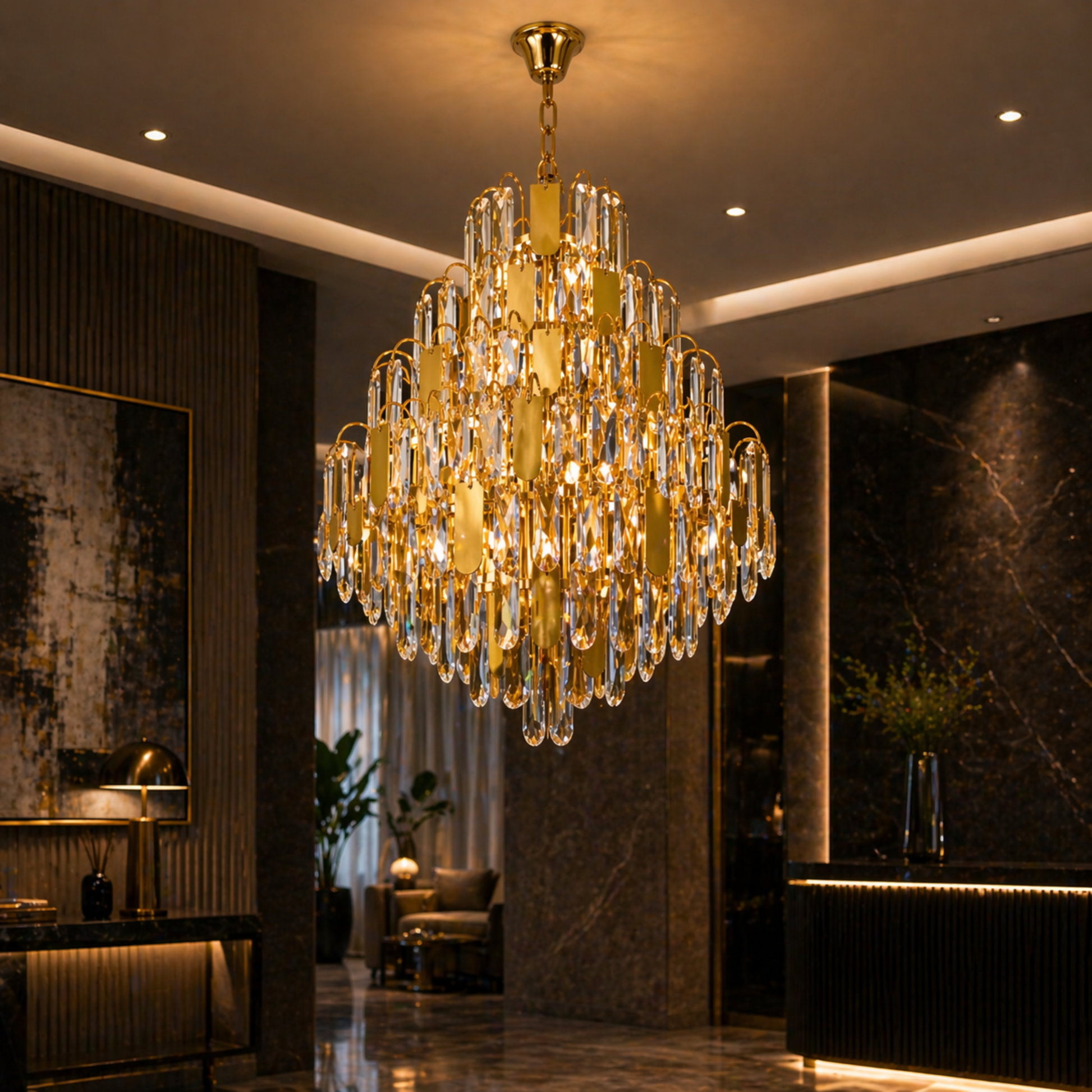 Candelabru Cristal TIER Eleganza 10xE14, D50 cm, Auriu, Inaltime Reglabila, Metal si Cristal Candelabre Cristal Default Title Alessandro Design