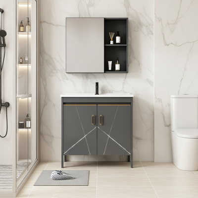 Set Mobilier SIENA pentru Baie ,Dulap Lavoar+Dulap Oglinda 80cm, 2 Piese, Gri si Alb