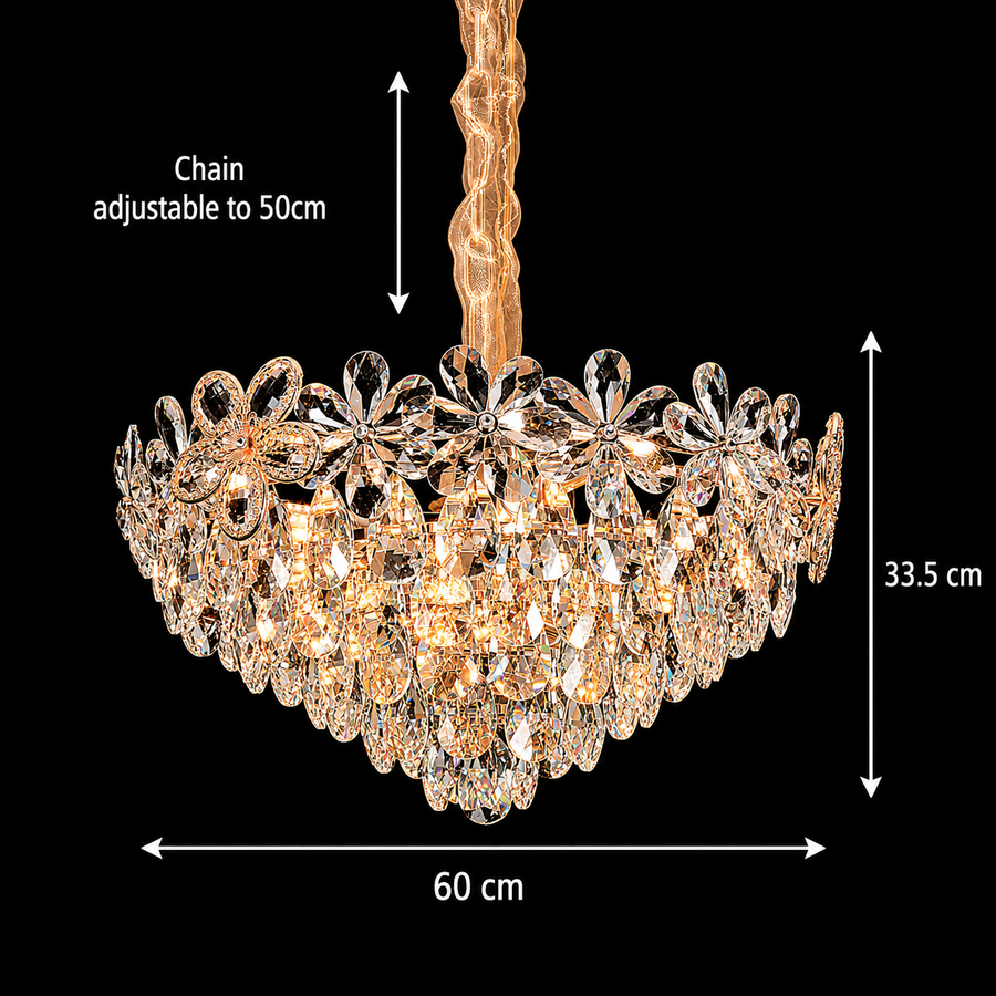 Candelabru Cristal Magno 11xE14, Diametru 60cm, Auriu Lucios, Inaltime Reglabila, Metal si Cristal