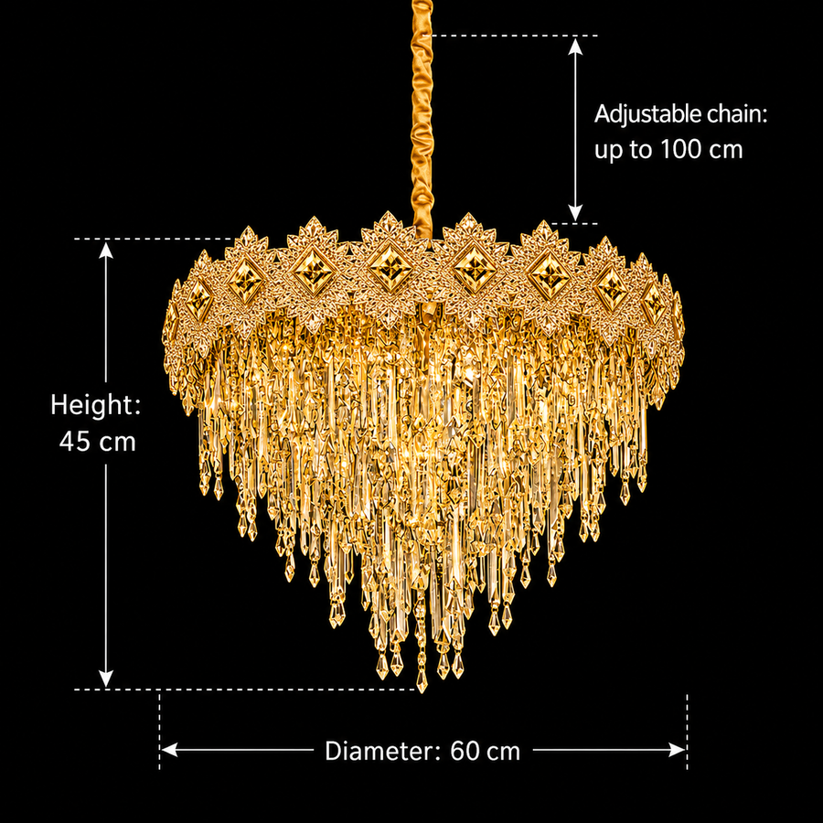 Candelabru Cristal FLEUR Magno 12xE14, Diametru 60cm, Inaltime 45cm, Auriu Lucios, Inaltime Reglabila, Design Elegant