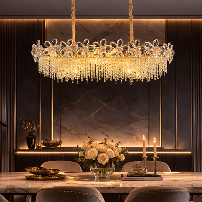 Candelabru Cristal 20xE14, BLOSSOM Imperio 100x40cm, Auriu Lucios, Inaltime Reglabila, Metal si Cristal