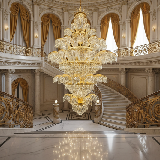 Candelabru Cristal PALACE Grande, 52 de brate, 96xG9, Diametru 150cm, Inaltime 230cm, Auriu Lucios, Inaltime Reglabila, Design Elegant Candelabre Cristal Default Title Alessandro Design