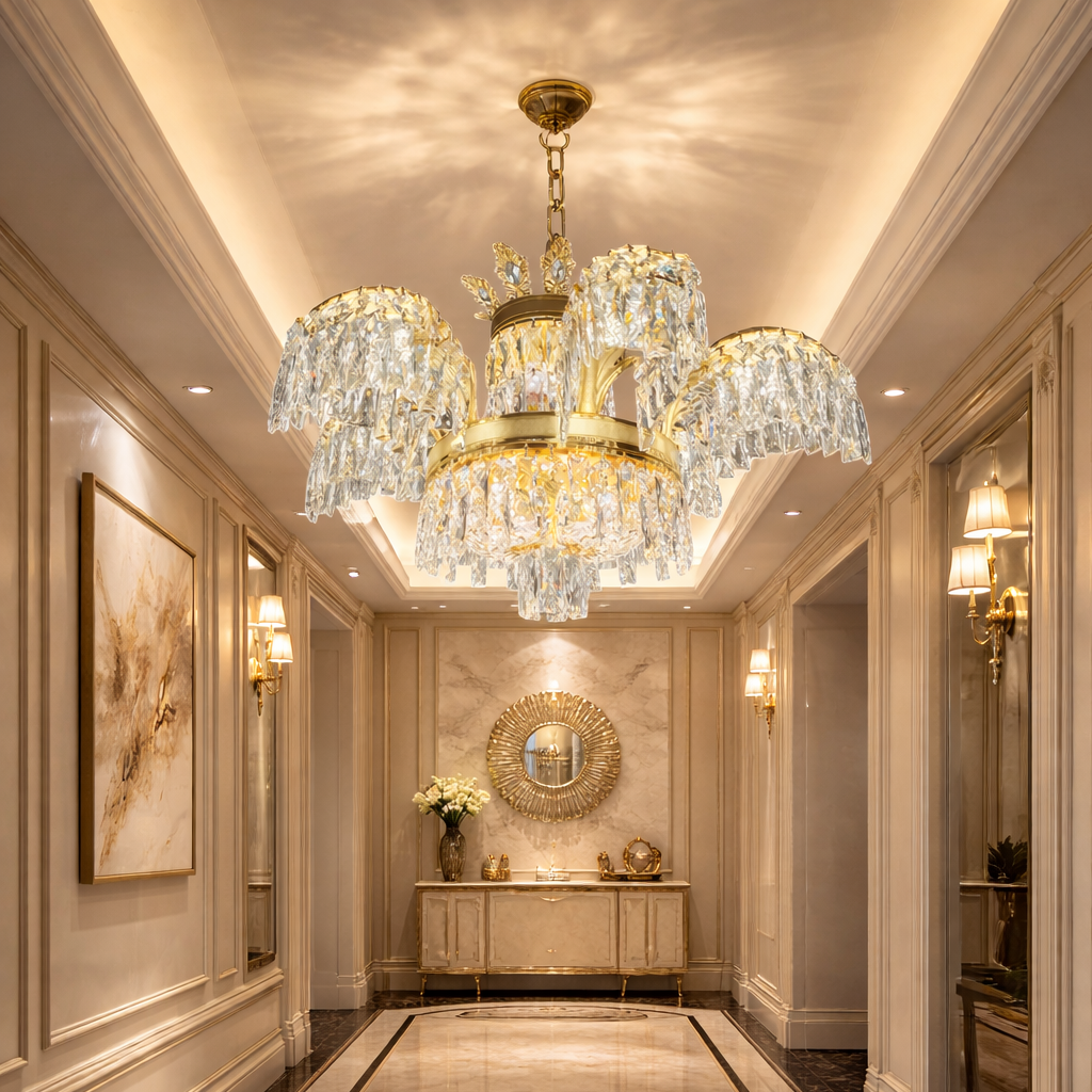 Candelabru Cristal PALACE, 6 brate, 12xG9, D69cm, Auriu Lucios, Inaltime Reglabila, Metal si Cristal Candelabre Cristal Default Title Alessandro Design