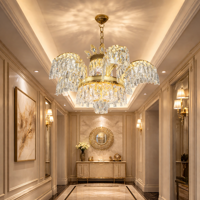 Lampadario di cristallo Regalis 11x E14, diametro 85 cm, oro lucido, altezza regolabile, metallo e cristallo