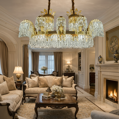 Lampadario di cristallo Regalis 11x E14, diametro 85 cm, oro lucido, altezza regolabile, metallo e cristallo