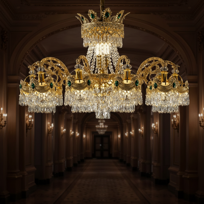 Lampadario di cristallo Regalis 11x E14, diametro 85 cm, oro lucido, altezza regolabile, metallo e cristallo