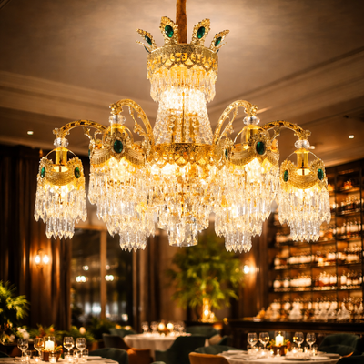 Lampadario di cristallo Regalis 11x E14, diametro 85 cm, oro lucido, altezza regolabile, metallo e cristallo