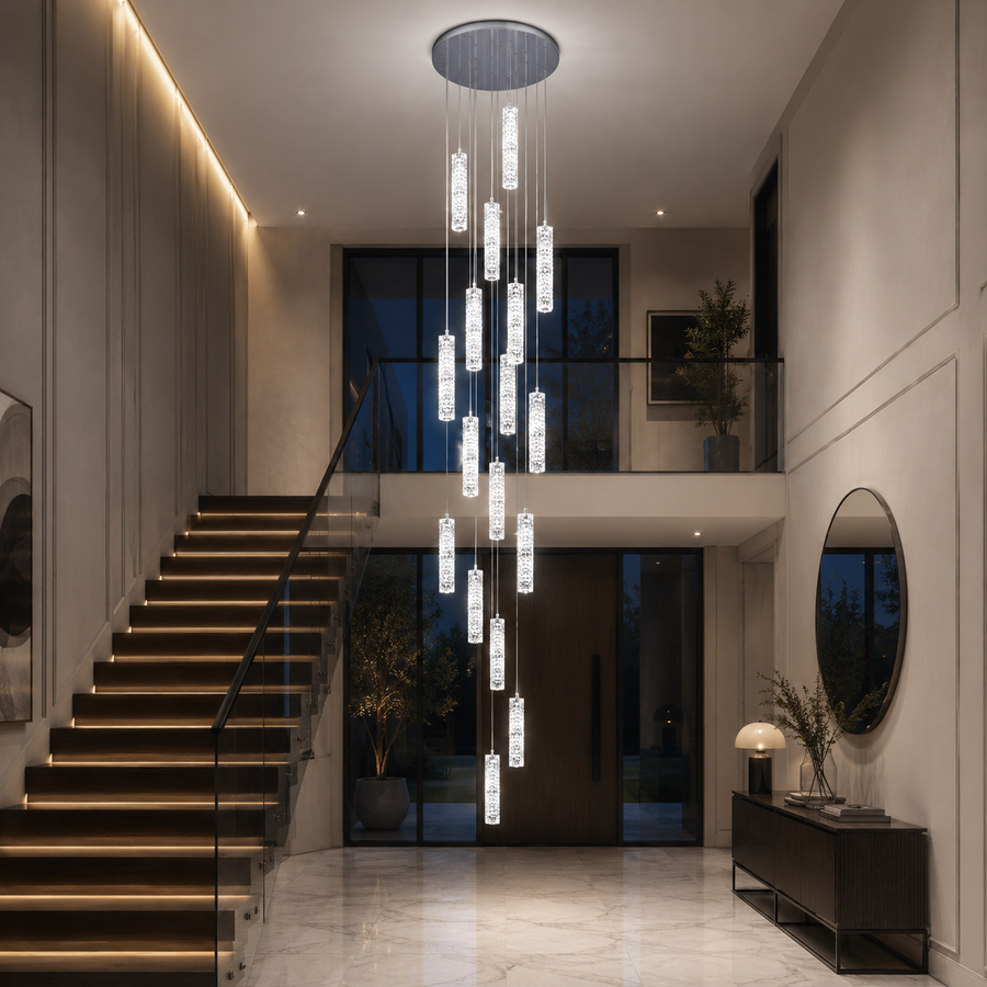 Candelabru Cristal LED AMIRI 82W Crom, Lumina Calda/Neutra/Rece 3000K/4000K/6000K Amiri, Diametru 40cm x Inaltime 300cm, Cristal si Metal