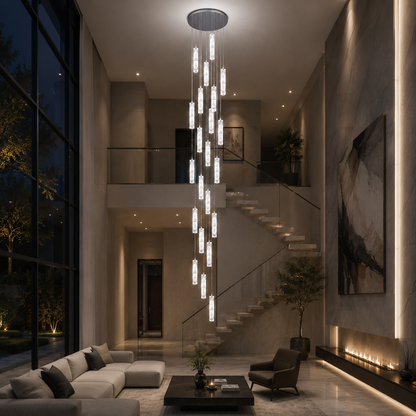 Candelabru Cristal LED AMIRI 82W Crom, Lumina Calda/Neutra/Rece 3000K/4000K/6000K Amiri, Diametru 40cm x Inaltime 300cm, Cristal si Metal