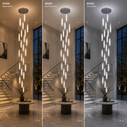 Candelabru Cristal LED AMIRI 82W Crom, Lumina Calda/Neutra/Rece 3000K/4000K/6000K Amiri, Diametru 40cm x Inaltime 300cm, Cristal si Metal