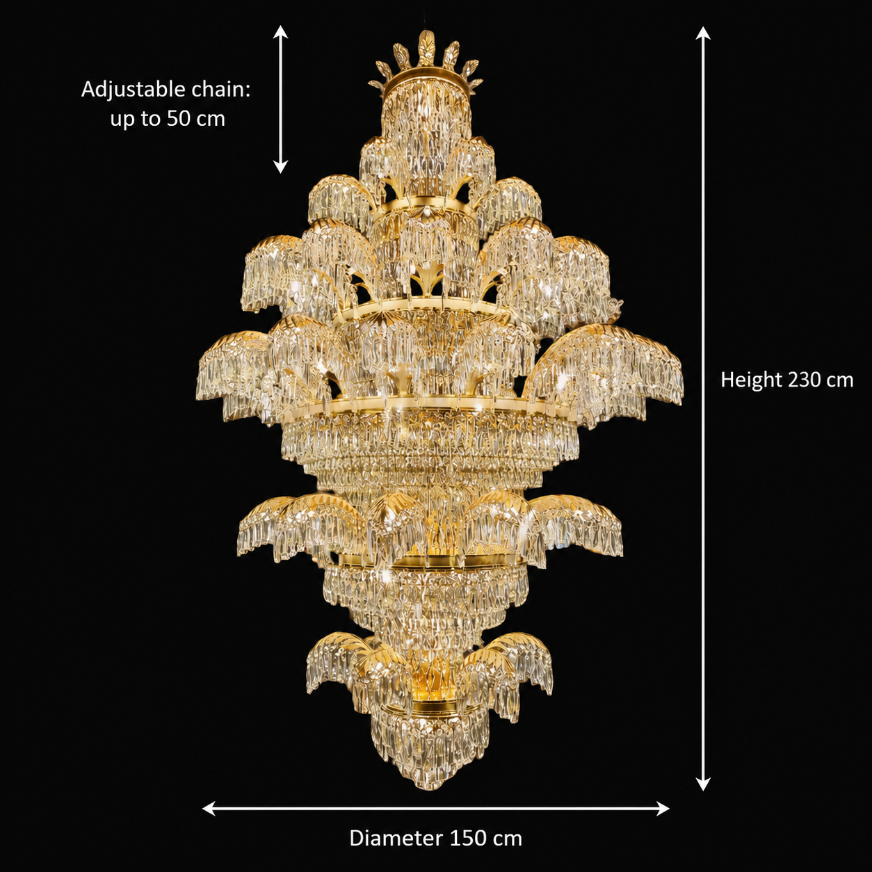 Candelabru Cristal PALACE Grande, 52 de brate, 96xG9, Diametru 150cm, Inaltime 230cm, Auriu Lucios, Inaltime Reglabila, Design Elegant Candelabre Cristal Default Title Alessandro Design