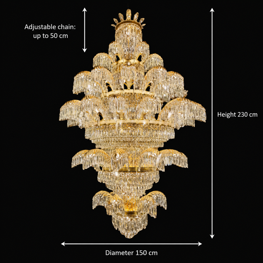 Candelabru Cristal PALACE Grande, 52 de brate, 96xG9, Diametru 150cm, Inaltime 230cm, Auriu Lucios, Inaltime Reglabila, Design Elegant Candelabre Cristal Default Title Alessandro Design
