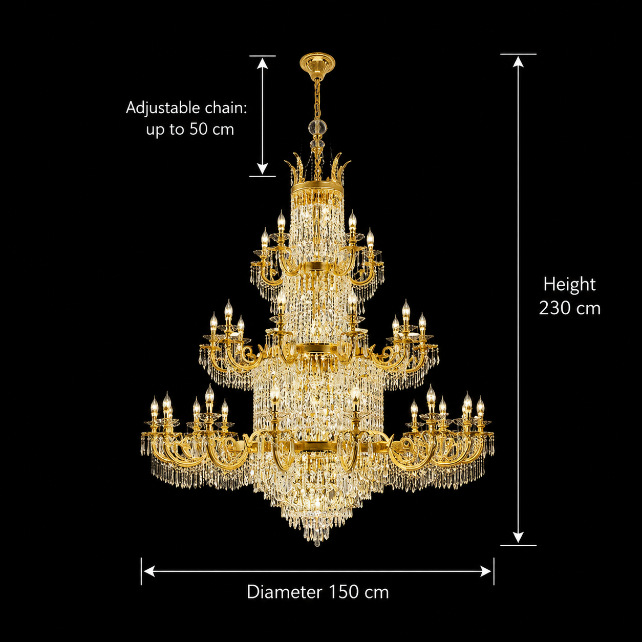 Candelabru Cristal , 54xE14, Diametru 150cm, Inaltime 230cm, Auriu Lucios, Inaltime Reglabila, Design Elegant Candelabre Cristal Default Title Alessandro Design