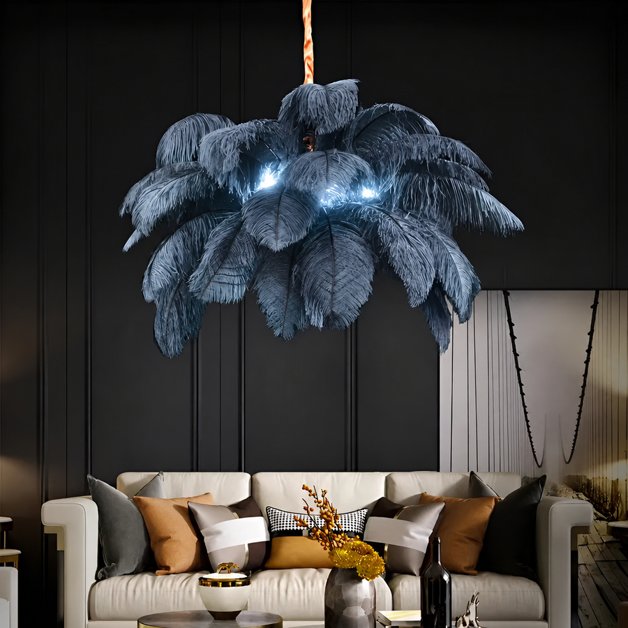 Lampadario Minoss, 8W, Luce Fredda 6000K, Piume, 1xE27, Diametro 75cm, Candelabro Moderno Nero Titolo predefinito Alessandro Design