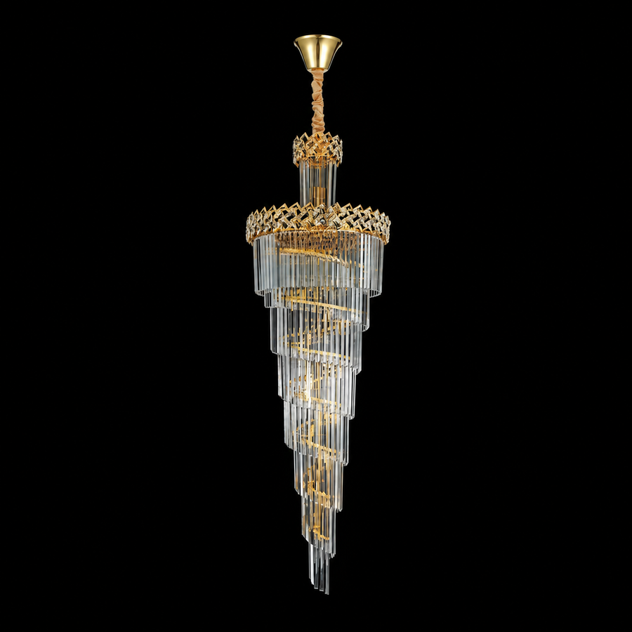 Candelabru Cristal WINDSOR Altiora, Diametru 60cm, Inaltime 180cm, 26xE14, Auriu Lucios, Inaltime Reglabila, Design Elegant