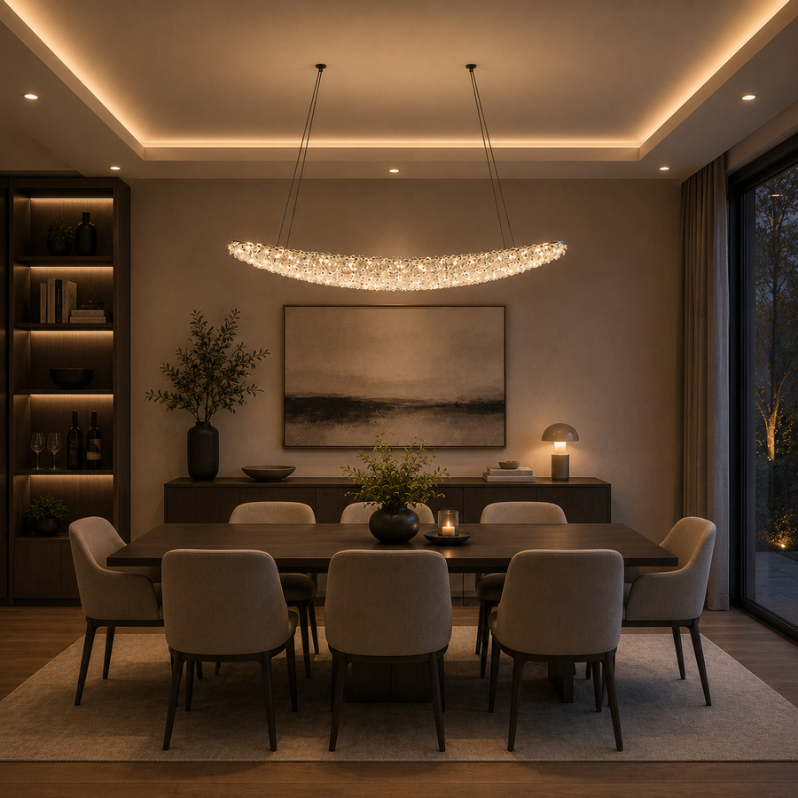 Candelabru Modern cu Cristal, Telecomanda, PRAGA, 51W, Lumina Calda/Neutra/Rece, Lungime 100 cm, Auriu, Inaltime reglabila