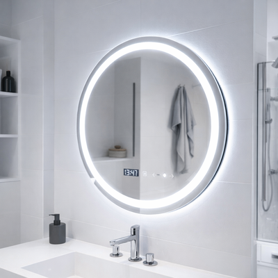 Specchio rotondo a LED, 70 cm, Celeste MotionGlow Marcello, sistema antiappannamento, orologio e termometro, dimmerabile, luce calda neutra fredda 3000K/4000K/6000K
