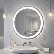 Specchio rotondo a LED, diametro 50 cm, Celeste MotionGlow Marcello, sistema antiappannamento, orologio e termometro, dimmerabile, luce calda neutra fredda 3000K/4000K/6000K Marcello Mirrors Titolo predefinito Alessandro Design