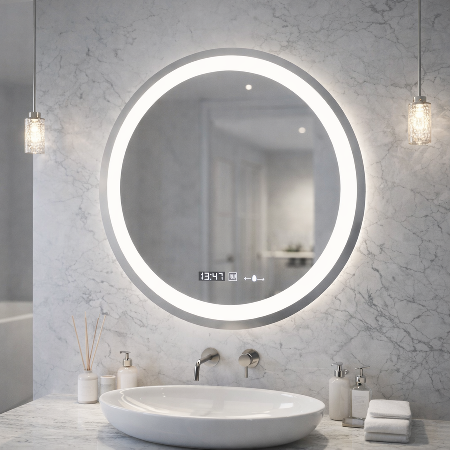 Specchio rotondo a LED, diametro 50 cm, Celeste MotionGlow Marcello, sistema antiappannamento, orologio e termometro, dimmerabile, luce calda neutra fredda 3000K/4000K/6000K Marcello Mirrors Titolo predefinito Alessandro Design