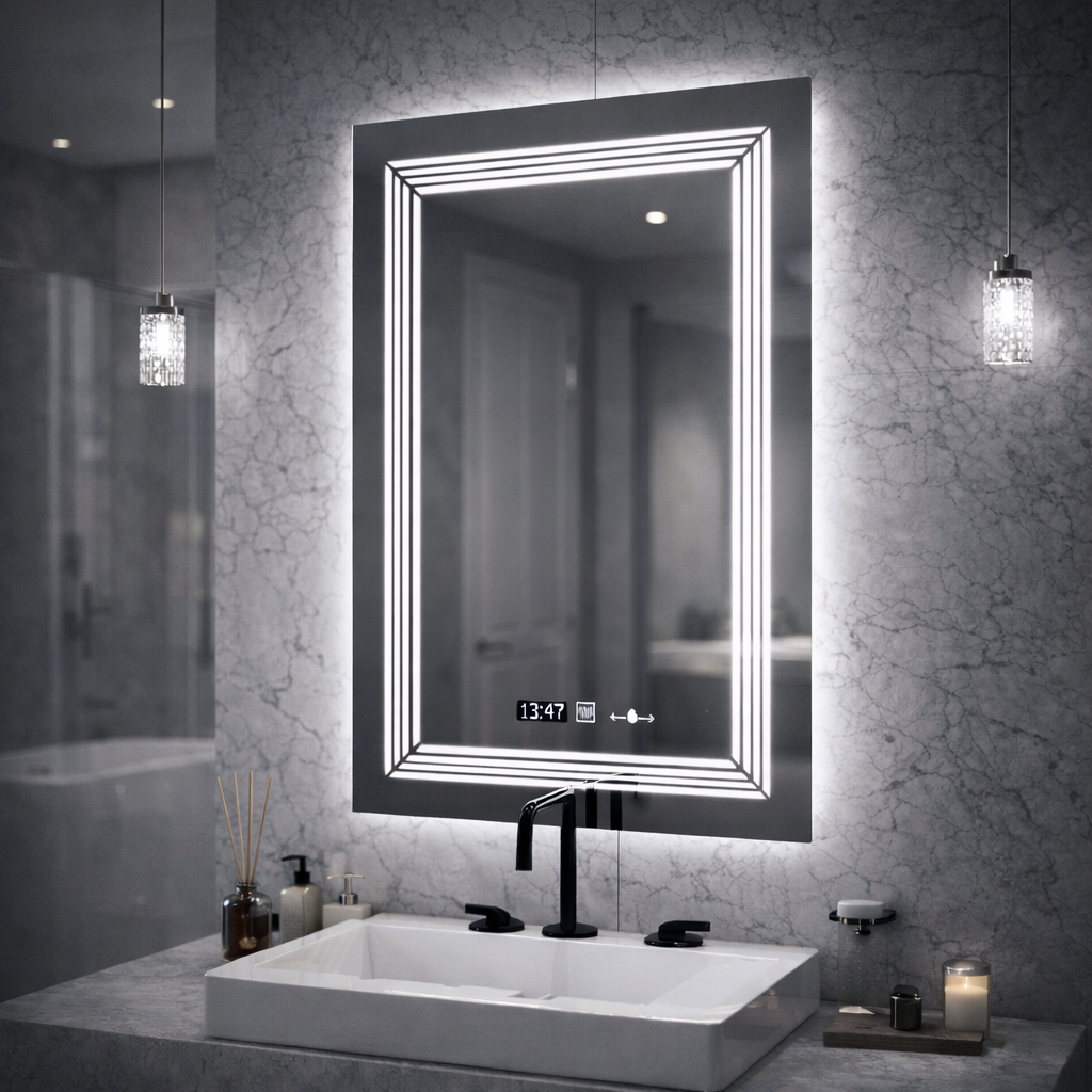 Specchio rettangolare a LED, 60x80 cm, sensore Venezia Marcello MotionGlow, sistema antiappannante, orologio e termometro, dimmerabile, luce calda neutra fredda 3000K/4000K/6000K Marcello Specchi Titolo predefinito Alessandro Design