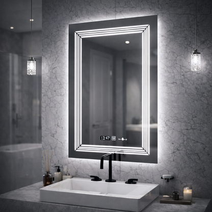 Specchio rettangolare a LED, 60x80 cm, sensore Venezia Marcello MotionGlow, sistema antiappannante, orologio e termometro, dimmerabile, luce calda neutra fredda 3000K/4000K/6000K Marcello Specchi Titolo predefinito Alessandro Design