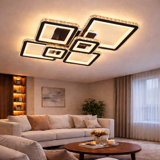 Lampadario LED con telecomando e cristallo QUADRIS RGB 177W, 6 Quadrati, Luce Fredda/Calda/Neutra 3000K/4000K/6000K, Dimmerabile, Nero, Metallo e Cristallo Lampadari LED con Telecomando Titolo predefinito Alessandro Design