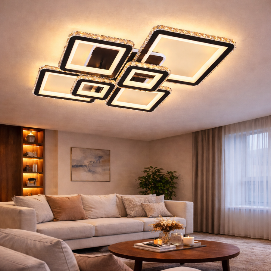 Lustra LED cu telecomanda si cristal QUADRIS RGB 177W, 6 Patrate, lumina Rece/Calda/Neutra 3000K/4000K/6000K, Dimabila, Negru, Metal si Cristal Lustre LED cu Telecomanda Default Title Alessandro Design