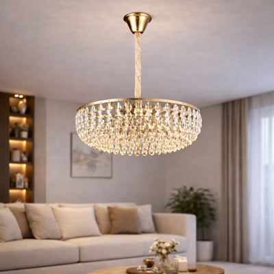 Candelabru Cristal CC1677/600GD, 12xE14, Auriu Lucios, Inaltime Reglabila, Metal si Cristal