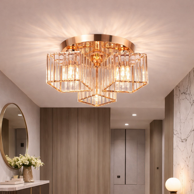 Lampadario classico moderno Sasha, LC117/3GD, 3x E27, metallo e cristallo, oro, paralume