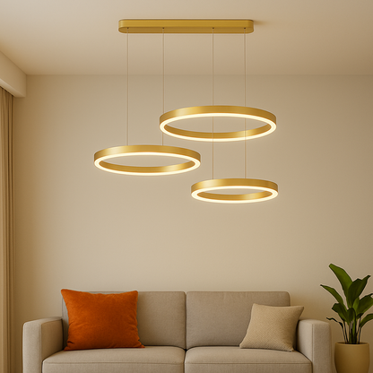 Lampadario LED a sospensione con telecomando PERU 150W, 3 Cerchi, Luce Fredda/Calda/Neutra, Dimmerabile, Oro Lucido, Altezza Regolabile Lampadari Moderni Titolo predefinito Alessandro Design