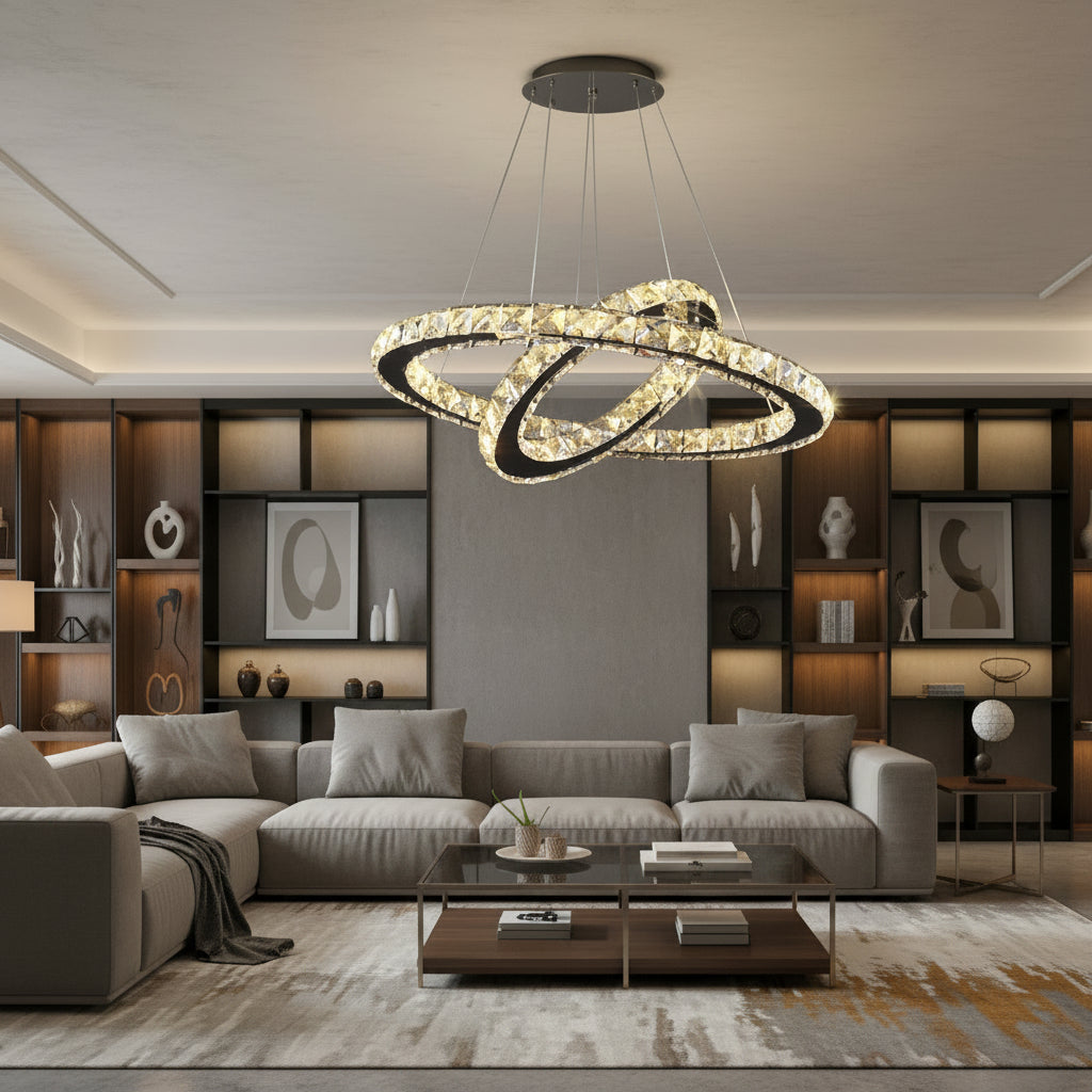 Lampadario LED con telecomando e cristallo PRISM LUMINIS 58W, 2 Cerchi, Luce Fredda/Calda/Neutra, Dimmerabile, Cromo e Bianco, Altezza Regolabile Lampadari LED con Telecomando Titolo predefinito Alessandro Design