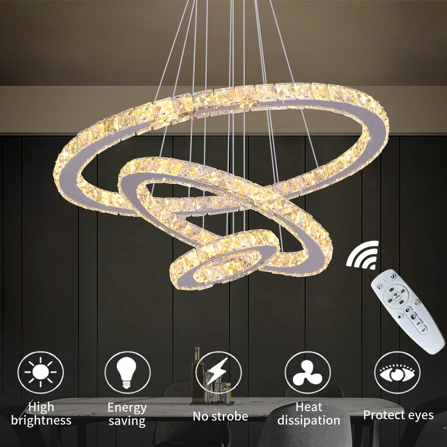 Lampadario LED a sospensione con telecomando e cristallo CAYDEN 200W, 3 Cerchi, Luce Fredda/Calda/Neutra, Dimmerabile, Cromo Lucido, Altezza Regolabile Lampadario LED Titolo predefinito Alessandro Design